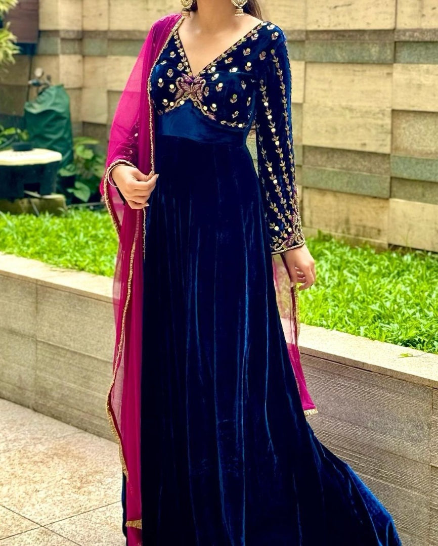 Blue velvet partywear gown