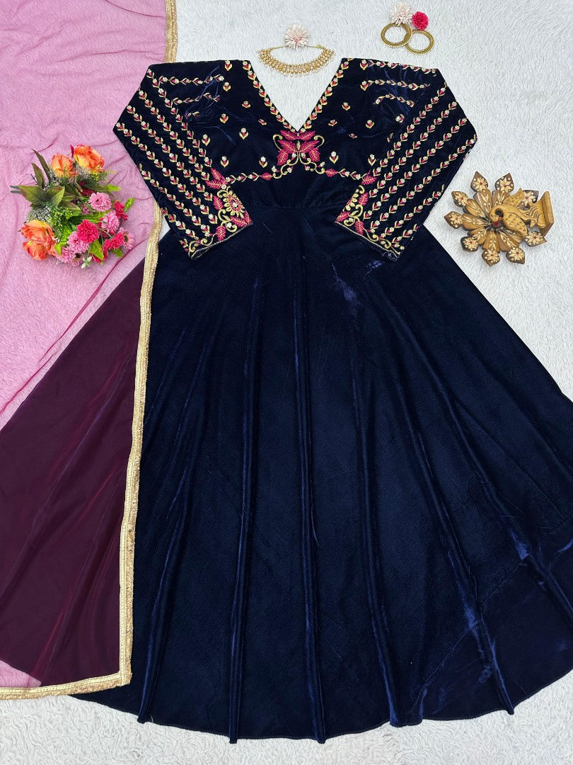 Blue velvet partywear gown