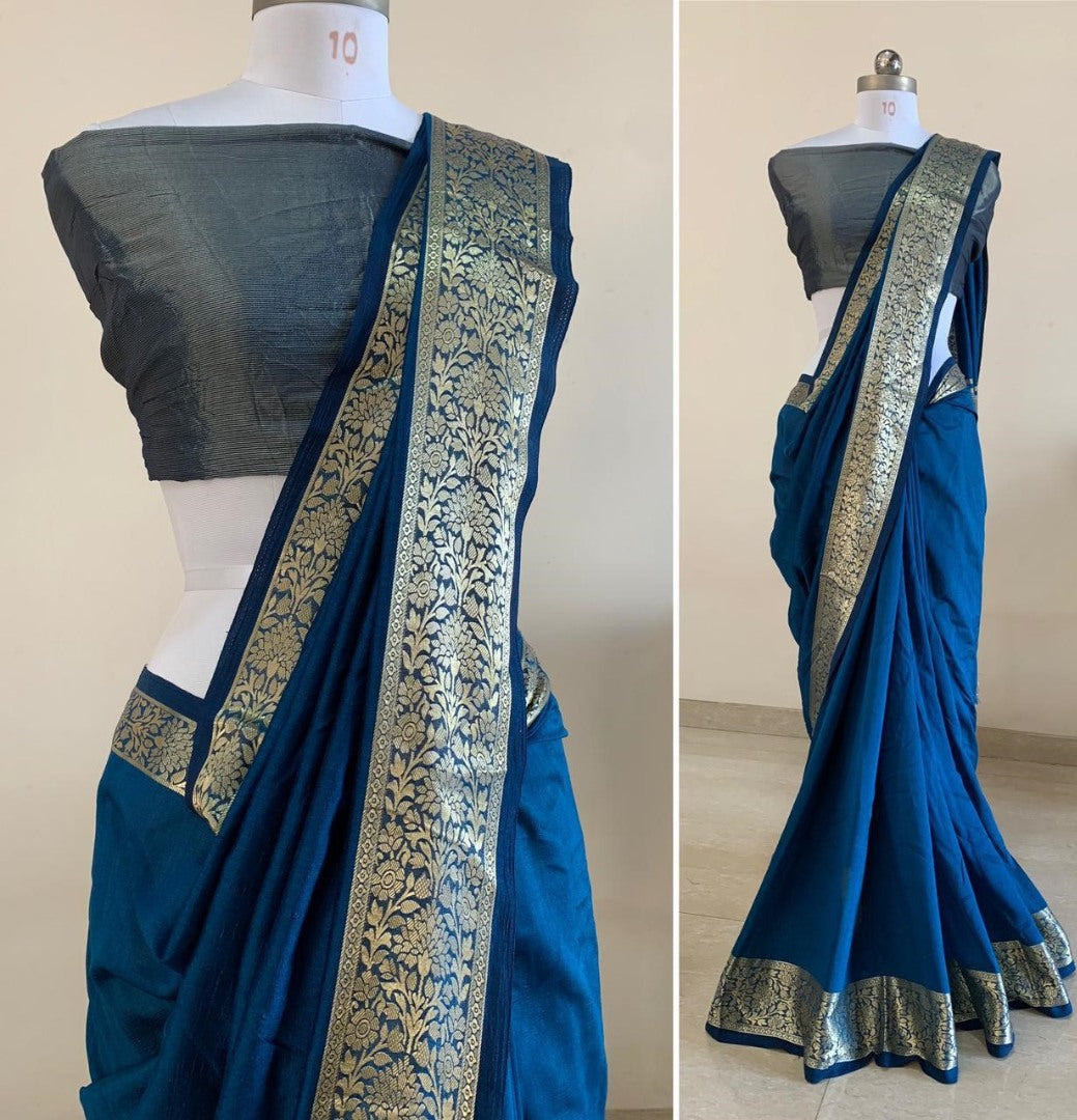 Blue vichitra silk jacquard weaving work party wear saree