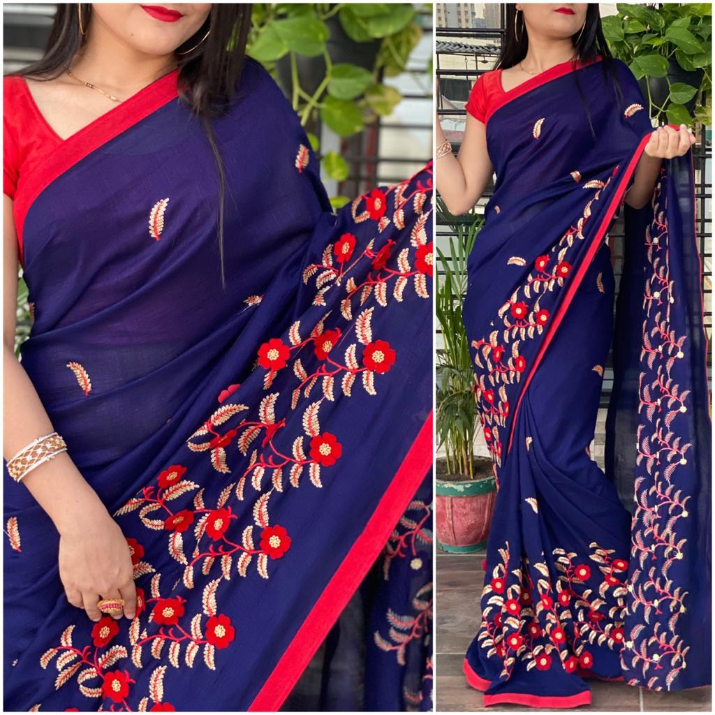 Blue vichitra velvet cutwork and glitter sequence saree