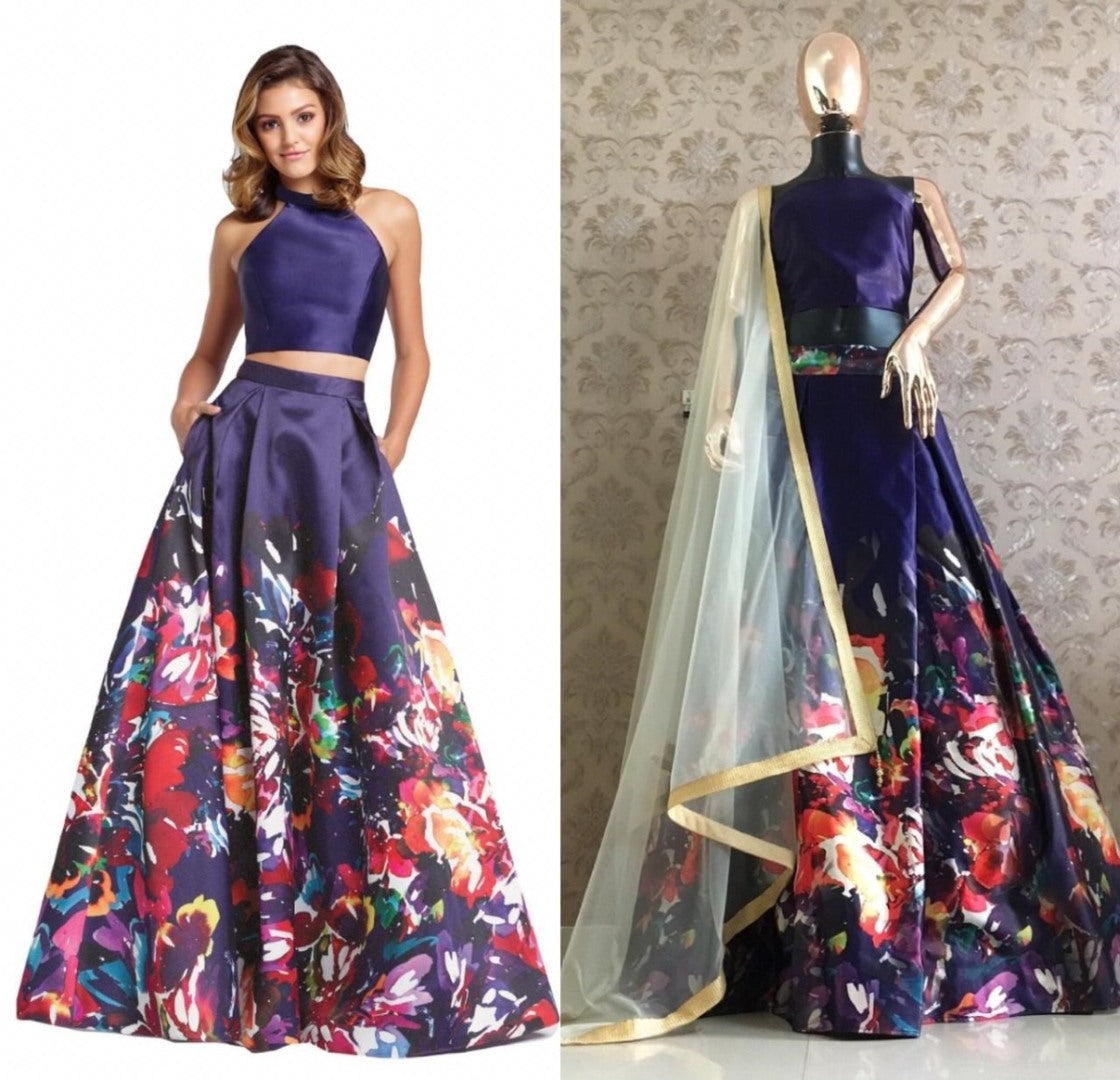 Blue zari satin floral printed crop top lehenga