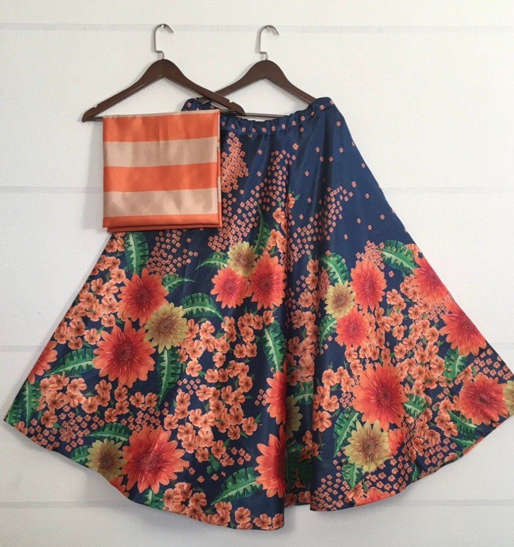 Blue zari satin multicolor flower printed crop top lehenga