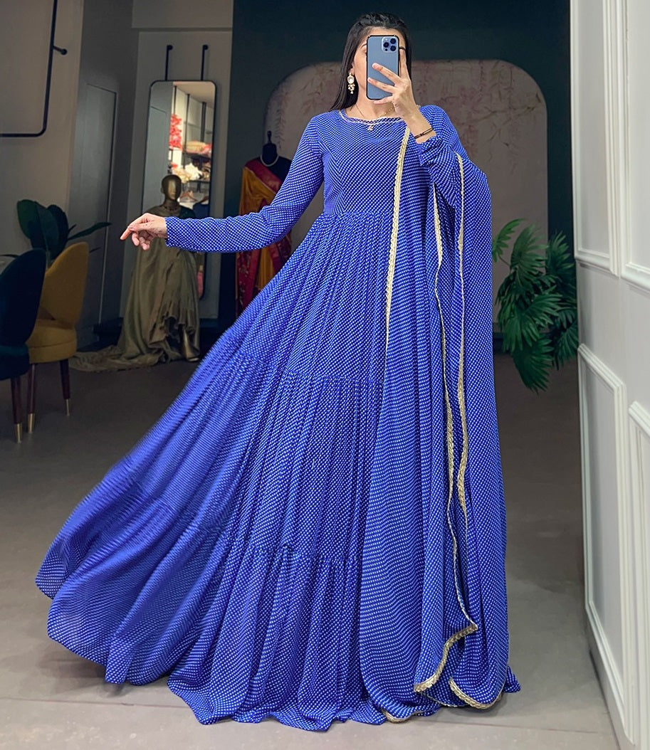Georgette printed heavy flair long gown Blue Free Size
