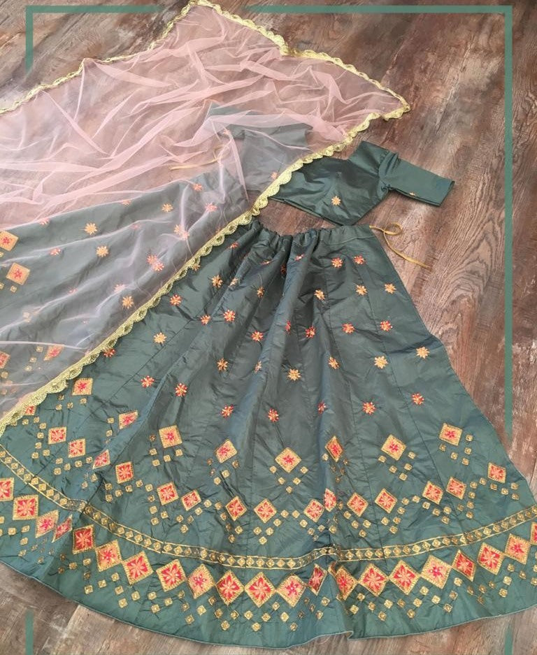 Bluish grey kitkat silk embroidered stone work lehenga choli