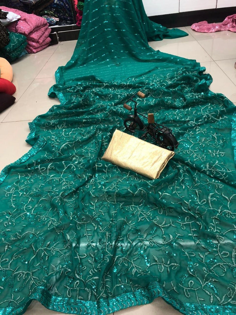 Bottle green georgette sequence work embroidery work saree