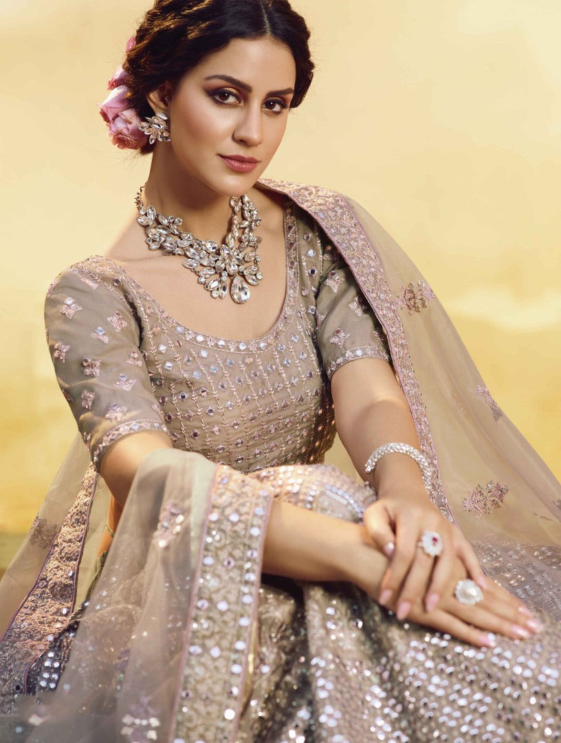 Brown butter crepe thread sequence work bridal lehenga choli