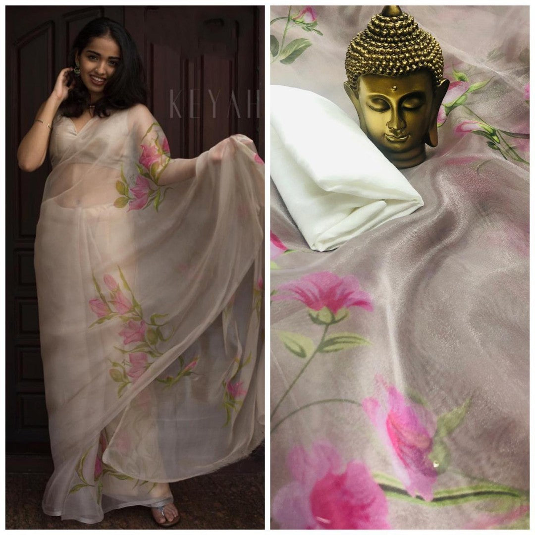 brown digital flower printed orgenza saree