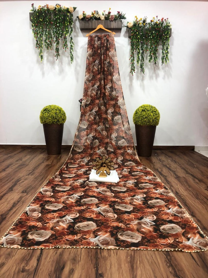 Brown georgette digital floral printed motilace saree