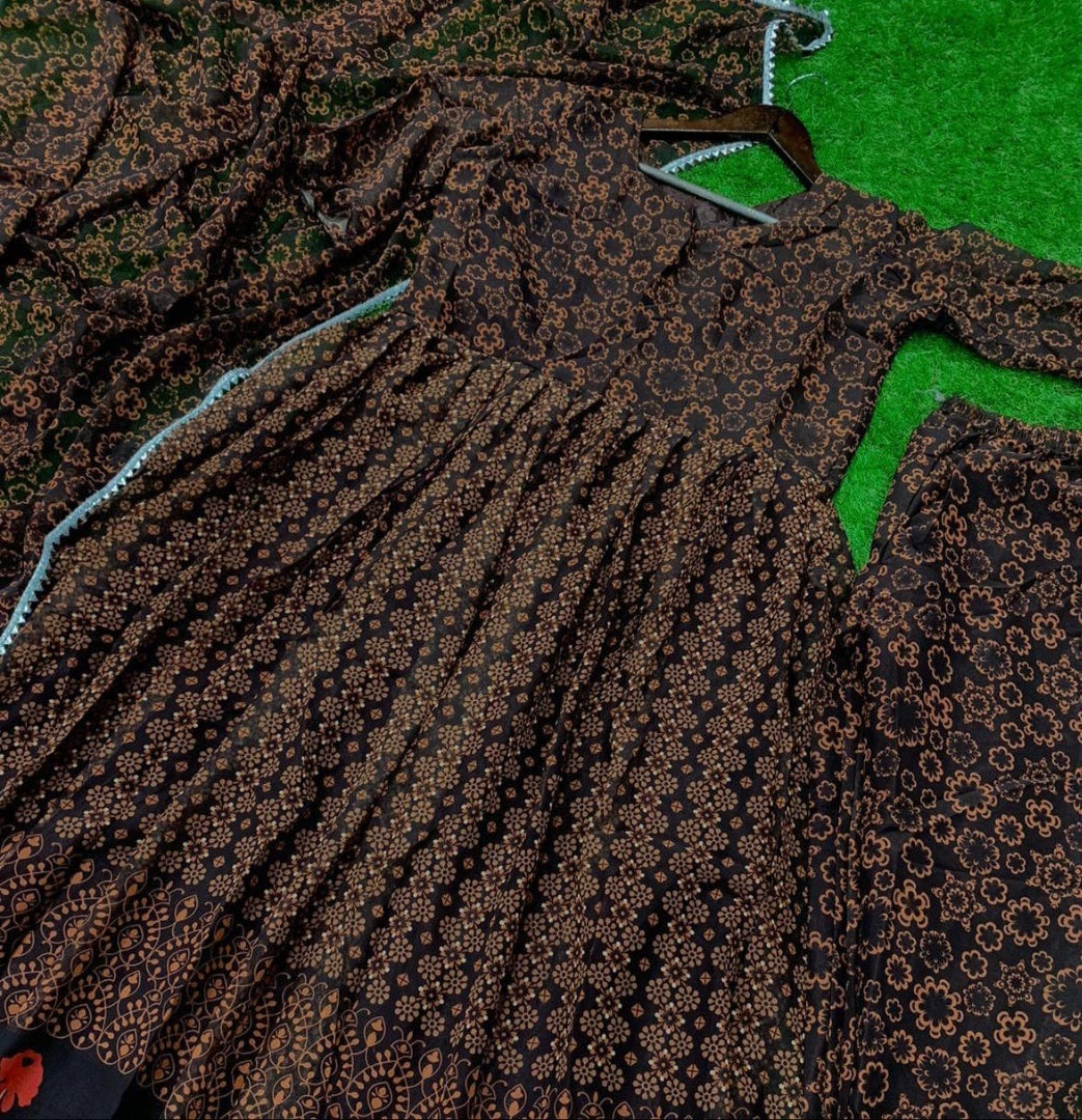 Brown georgette digital printed short anarkali suit