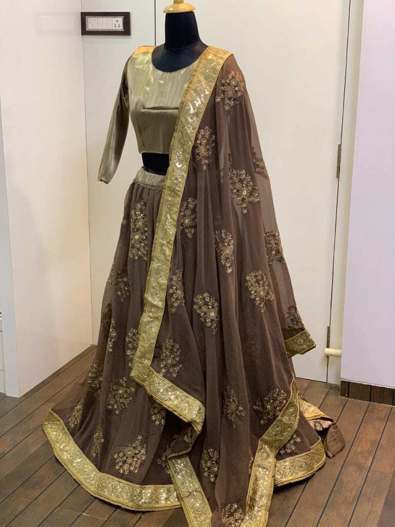 Brown georgette thread and zari worked wedding lehenga choli