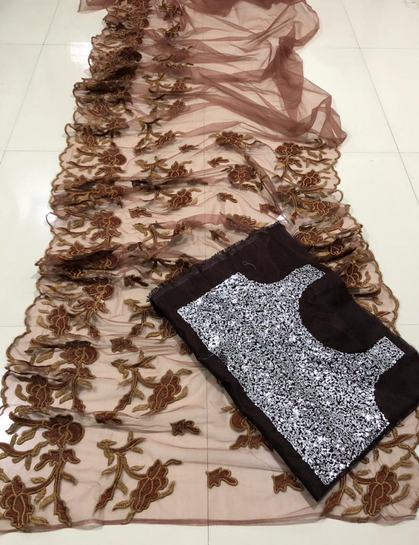 Brown net heavy embroidered stylist designer saree