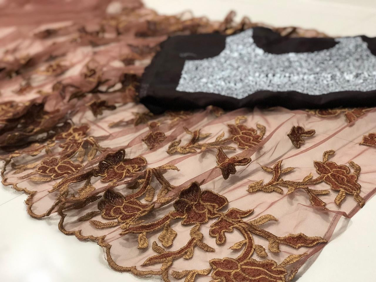 Brown net heavy embroidered stylist designer saree