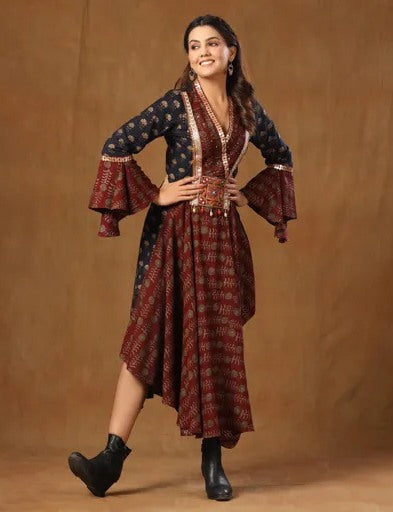 Brown silk printed flared designer kurti