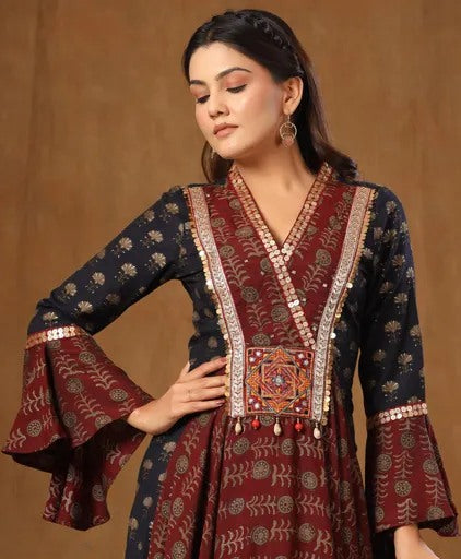 Brown silk printed flared designer kurti