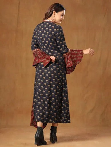Brown silk printed flared designer kurti