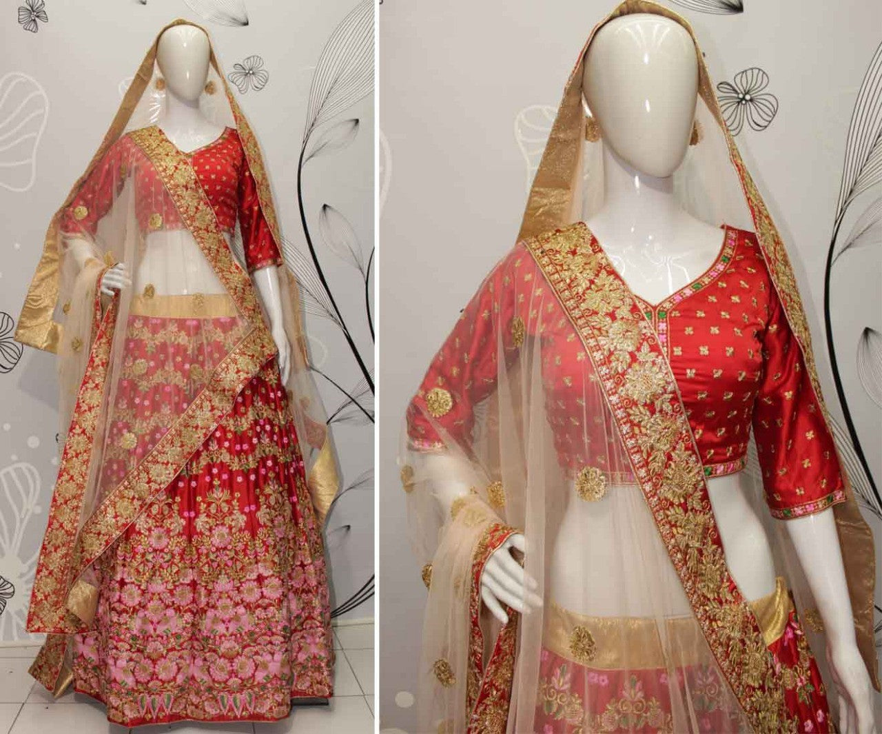 Cherry red nylon satin heavy embroidered bridal lehenga