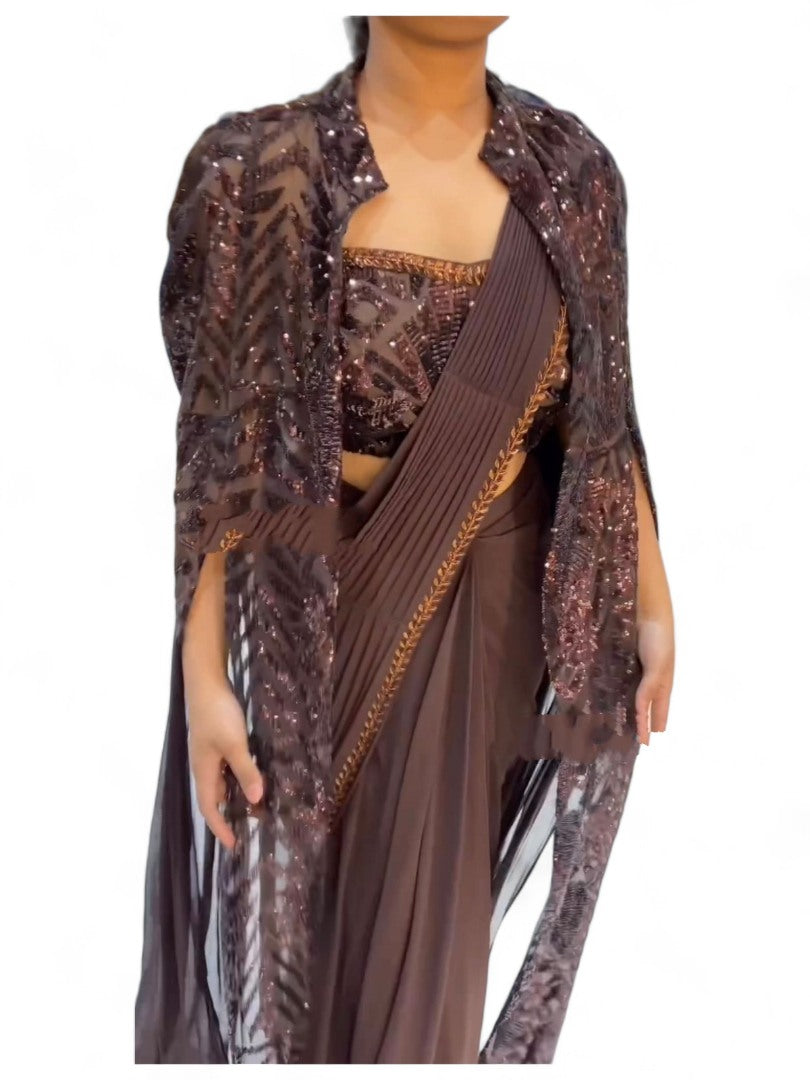Coffee designer ready to wear lehenga saree with shrug