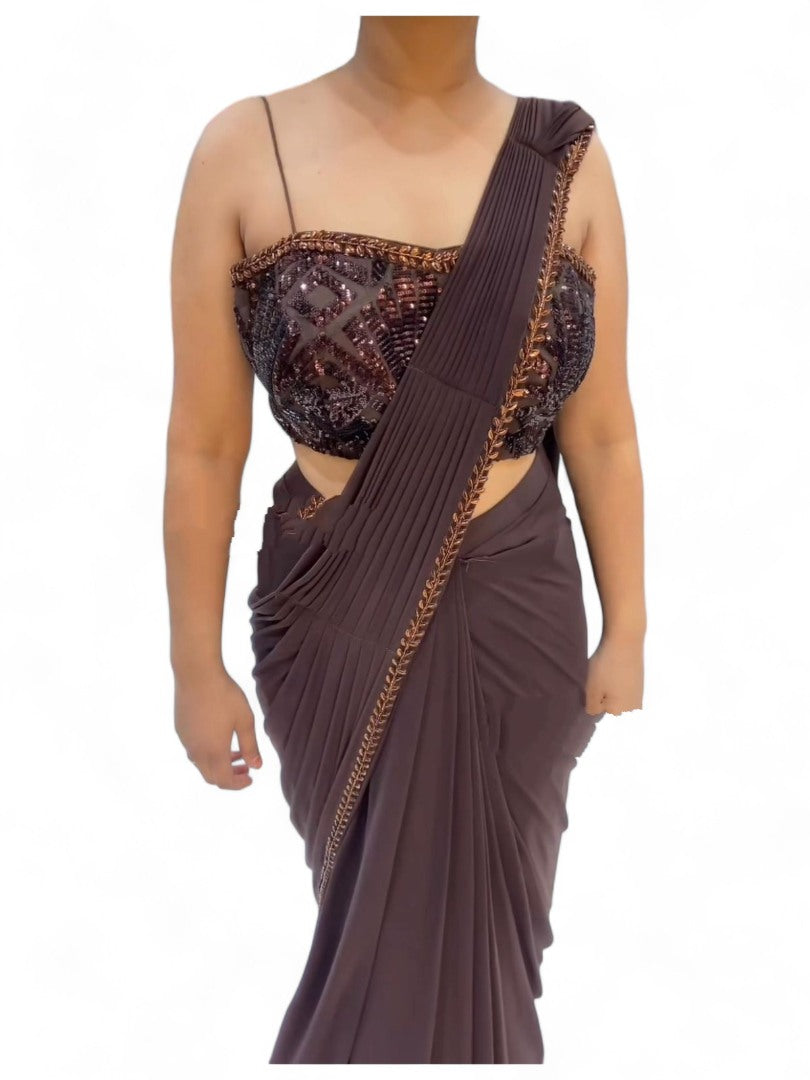 Coffee designer ready to wear lehenga saree with shrug