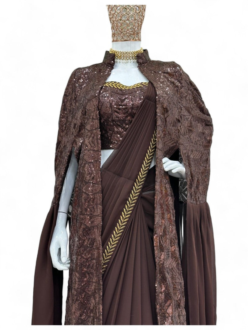 Coffee designer ready to wear lehenga saree with shrug