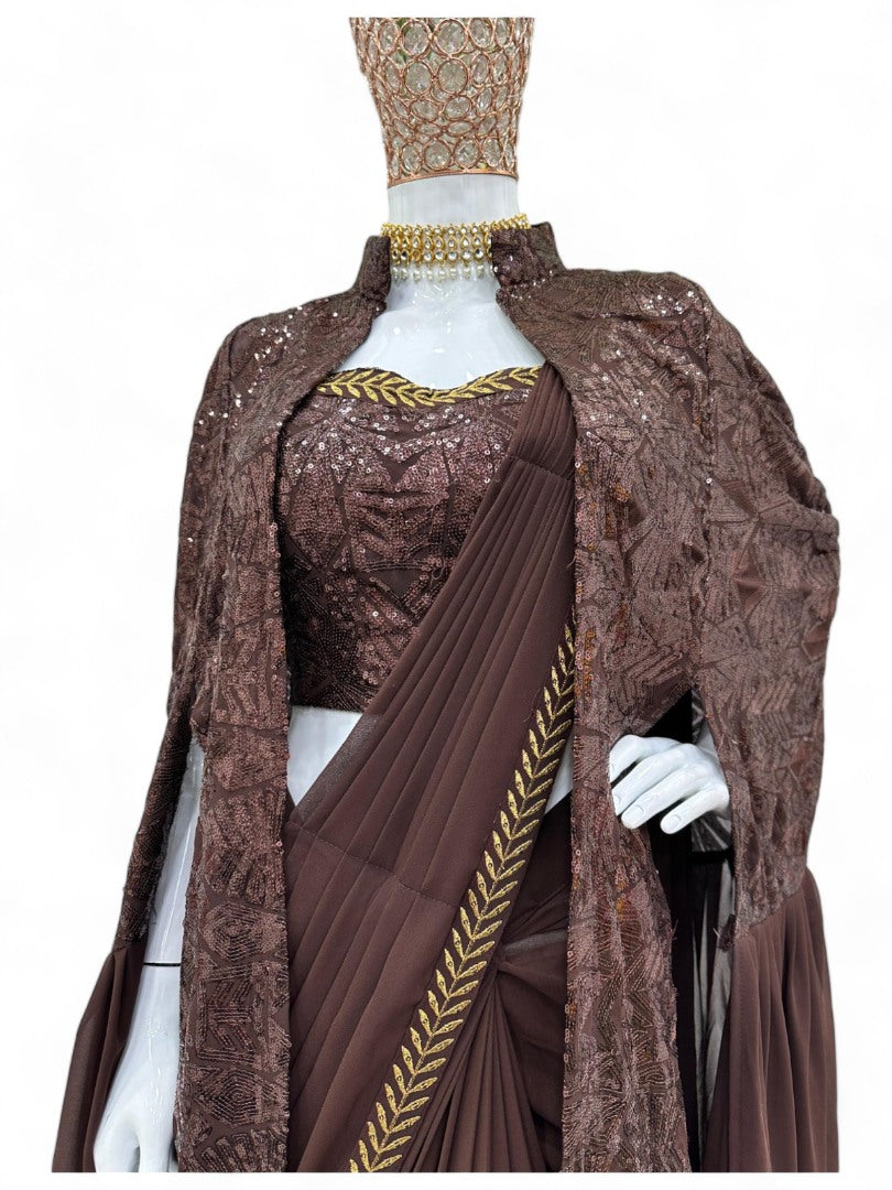 Coffee designer ready to wear lehenga saree with shrug