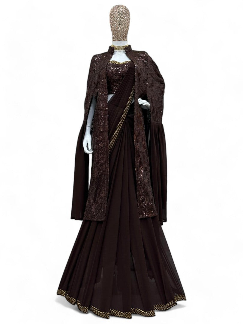 Coffee designer ready to wear lehenga saree with shrug