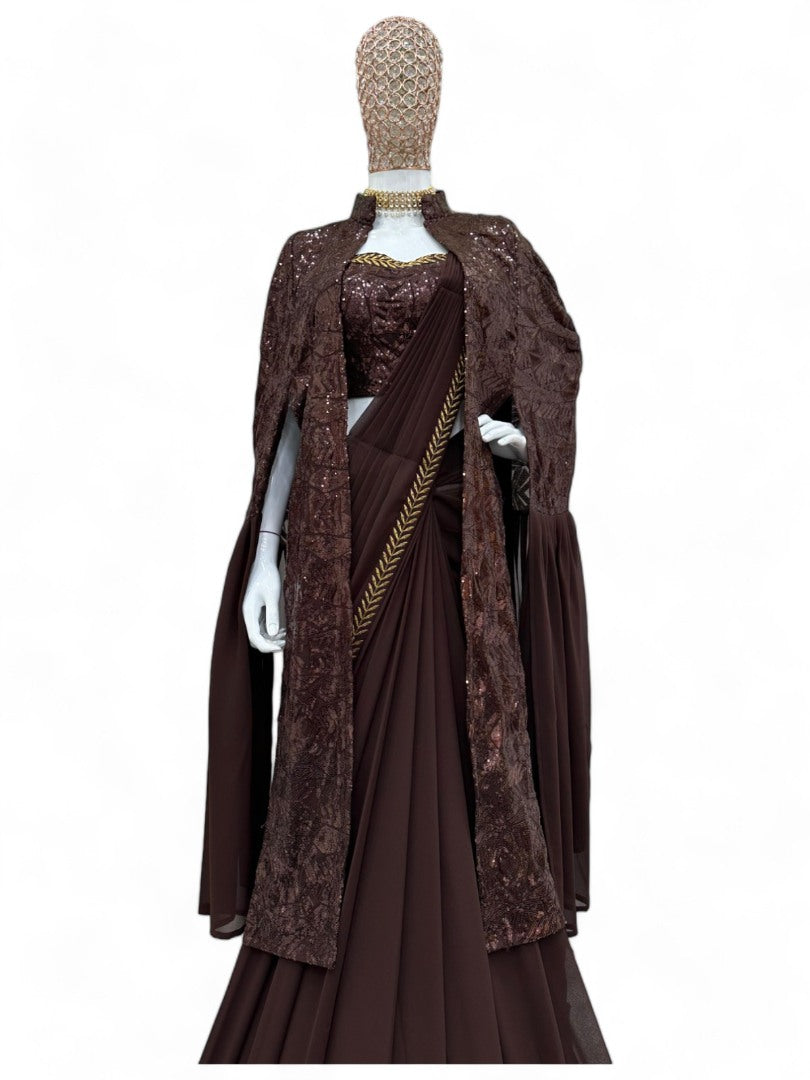Coffee designer ready to wear lehenga saree with shrug