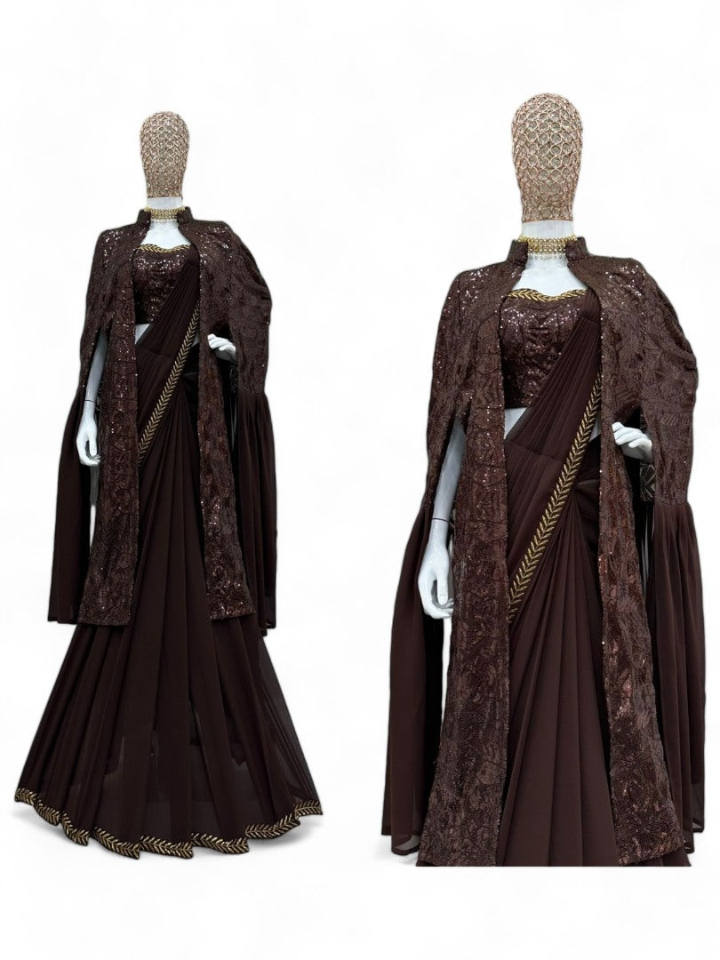 Coffee designer ready to wear lehenga saree with shrug
