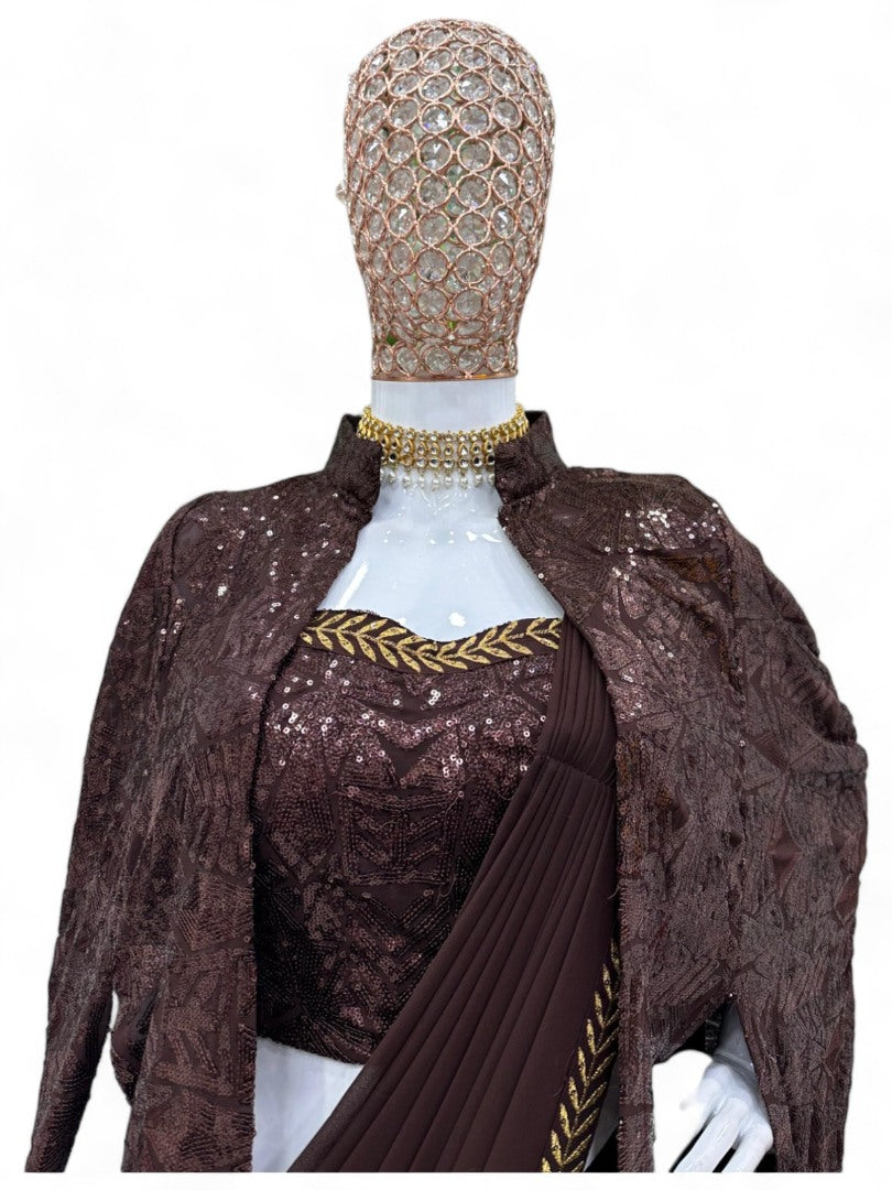 Coffee designer ready to wear lehenga saree with shrug