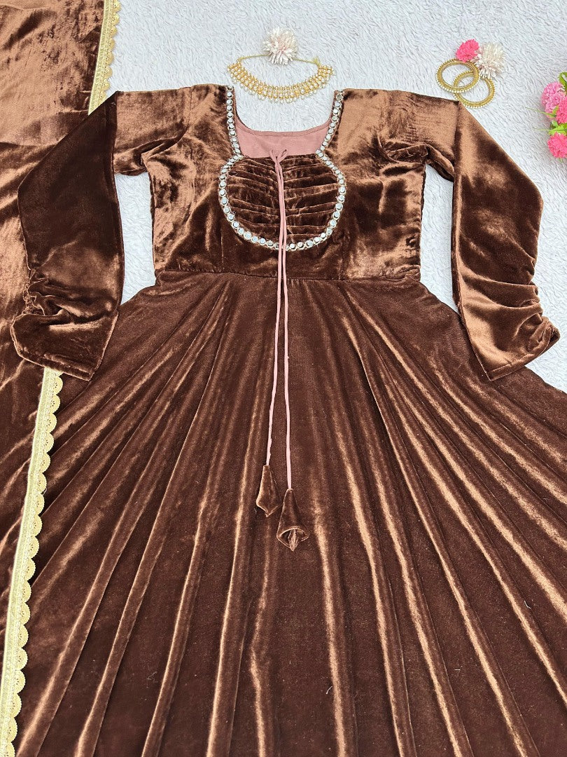 Coffee velvet party wear gown