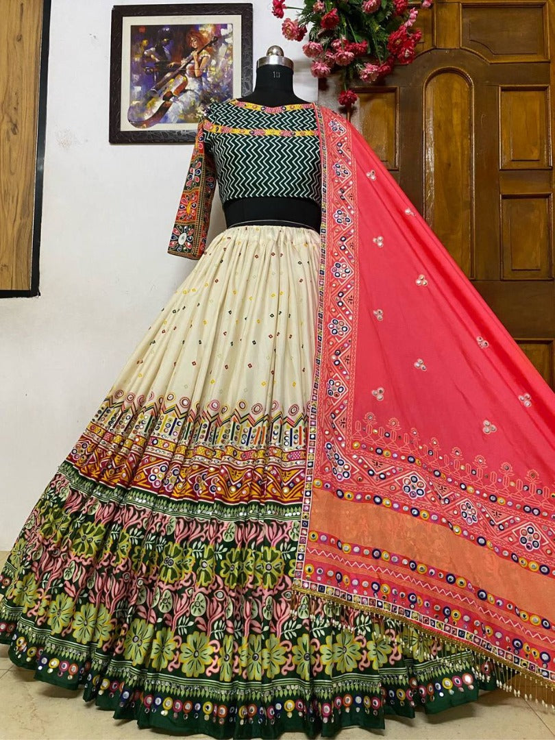 Cream butter silk digital printed and mirror work navratri garba lehenga choli