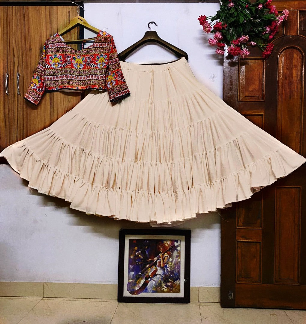 Cream butter silk heavy flair crop top lehenga for navratri