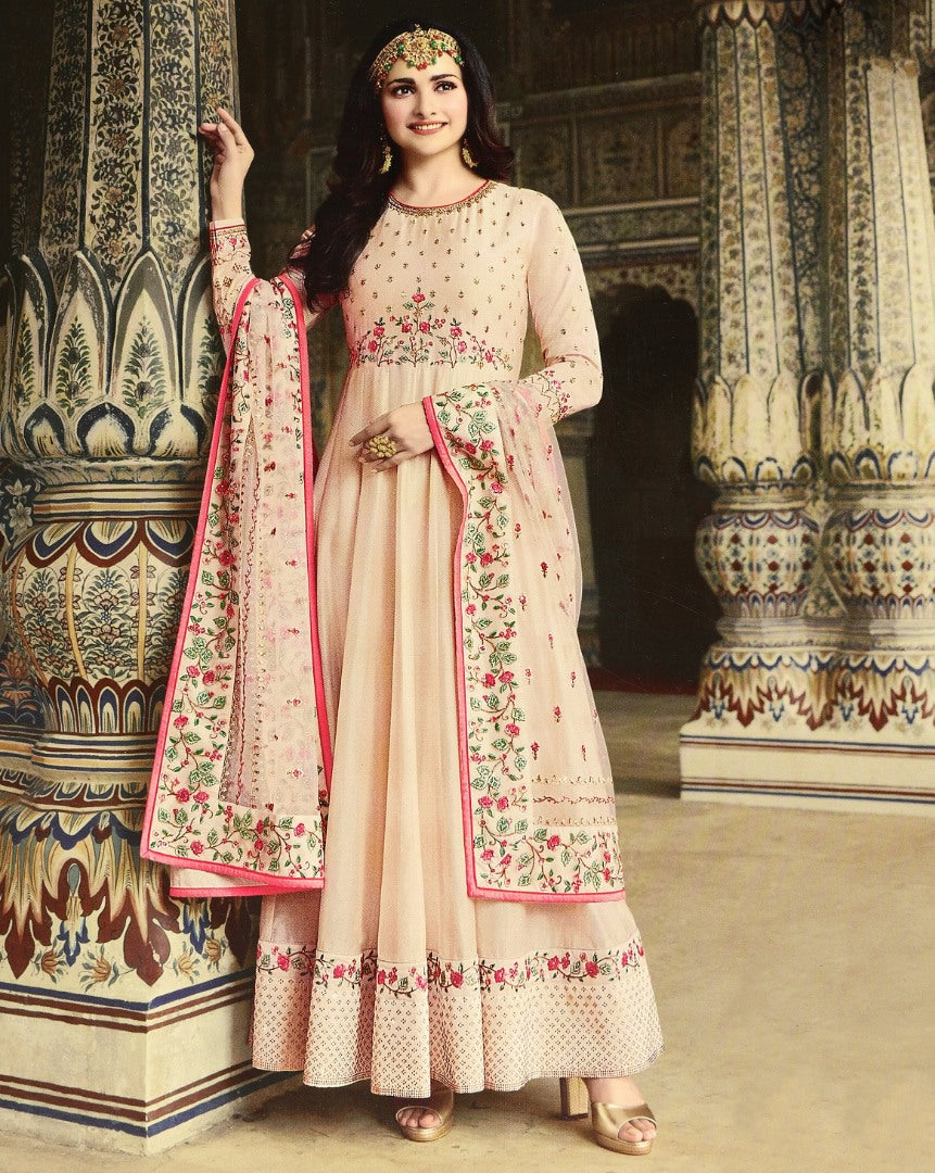 Cream dola silk heavy embroidered designer anarkali gown