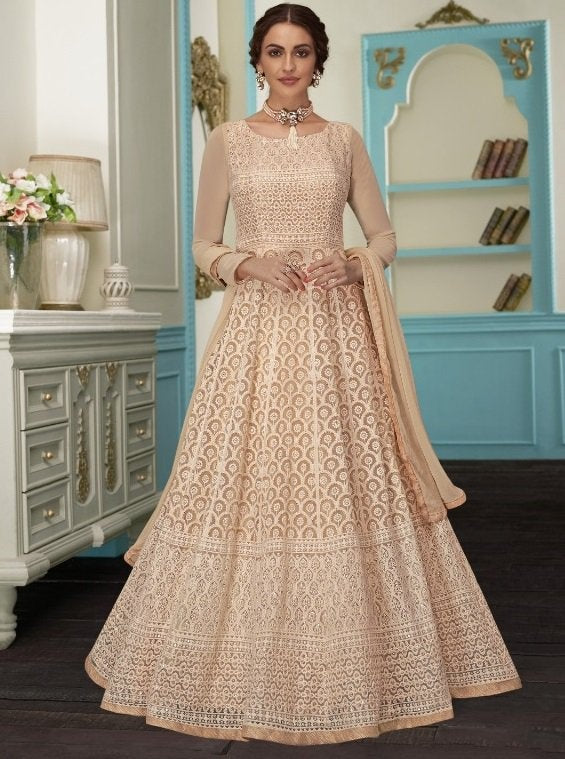 Cream faux georgette heavy thread and sequence embroidered gown