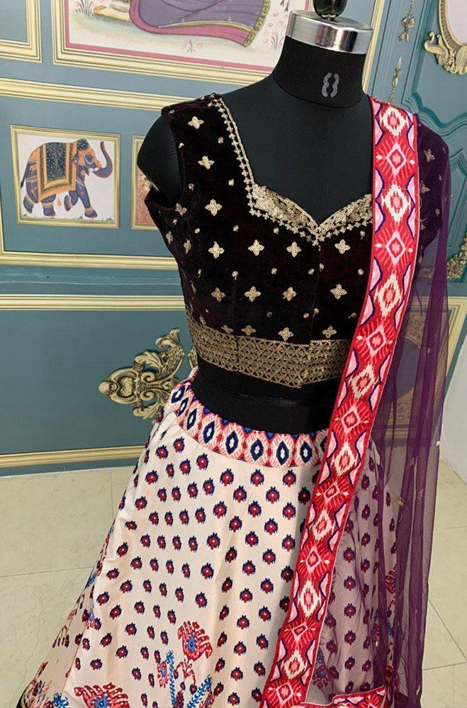 Cream italian satin digital printed lehenga choli