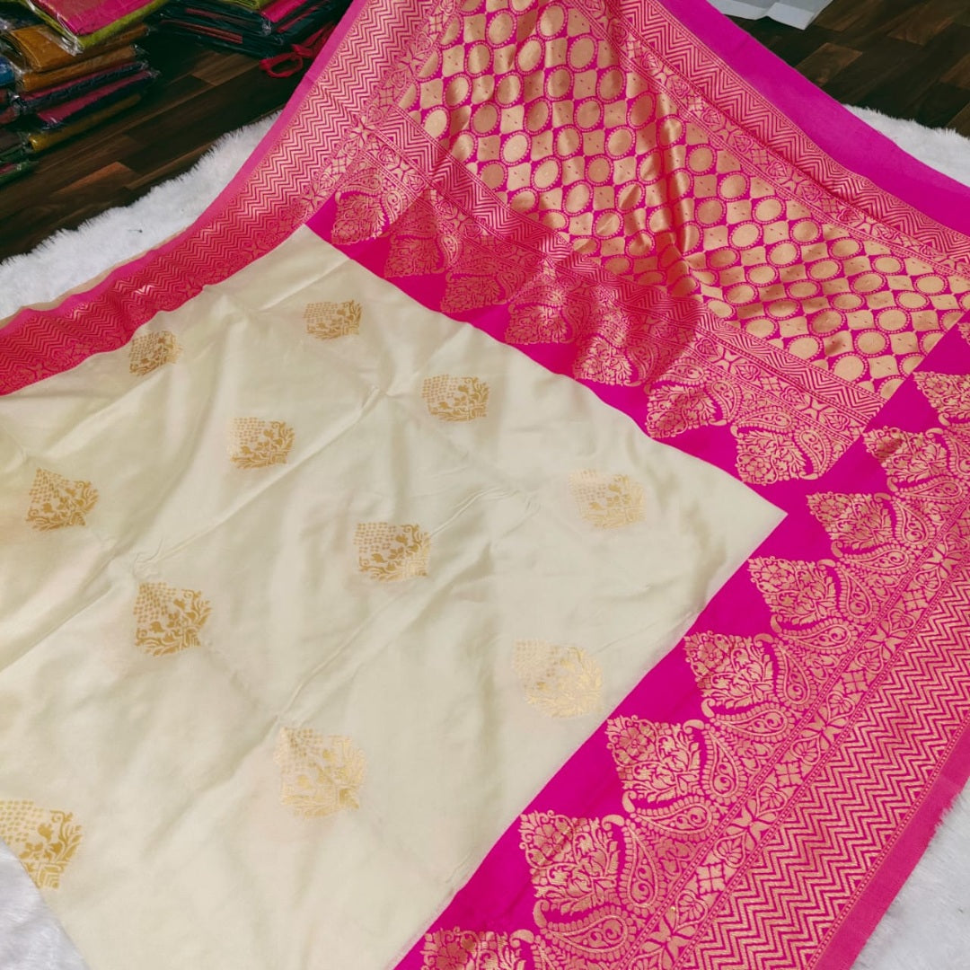Cream kanchipuram soft lichi silk jacquard work wedding saree