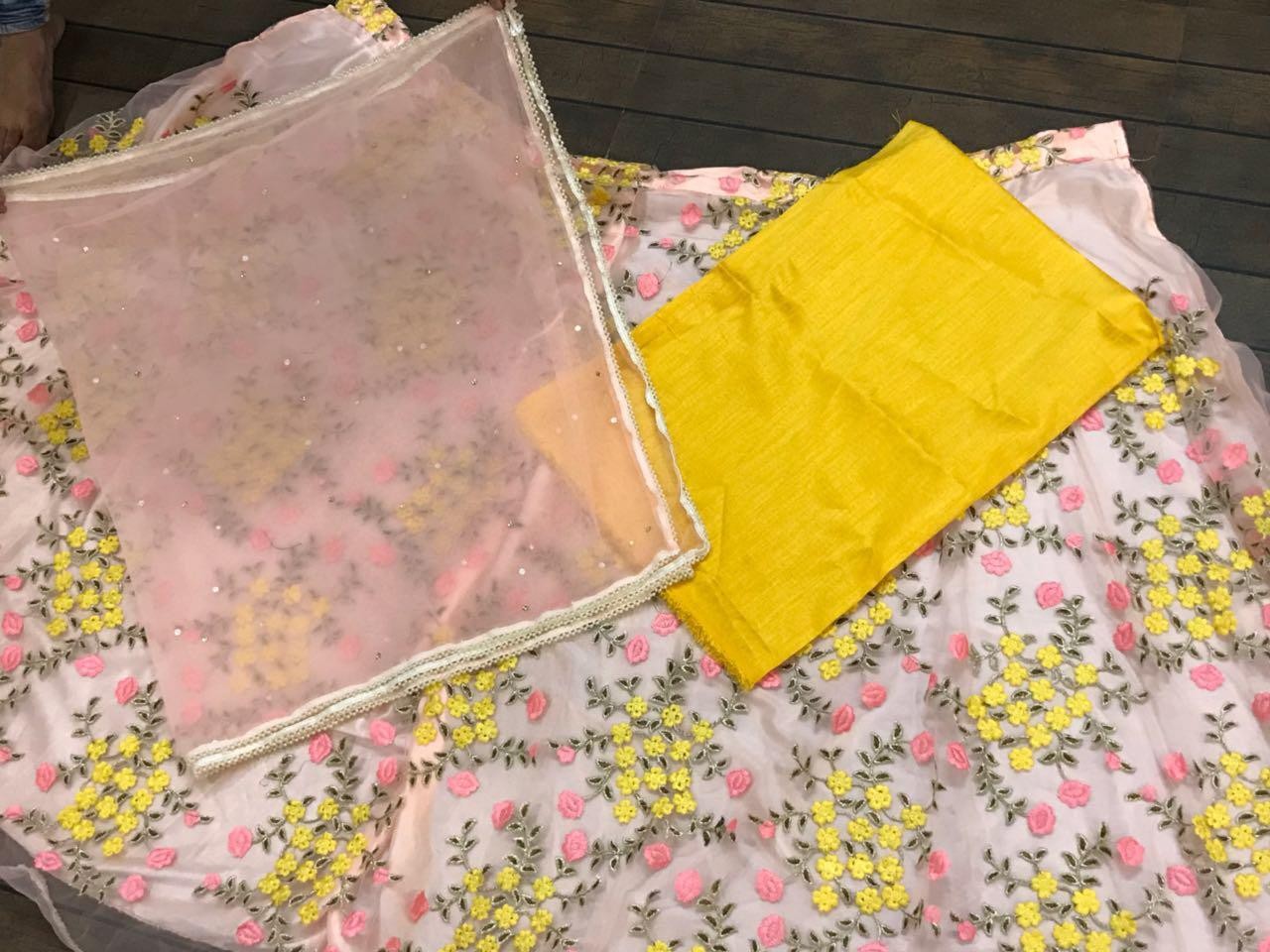 cream net multi color threadwork beautiful ceremonial lehenga