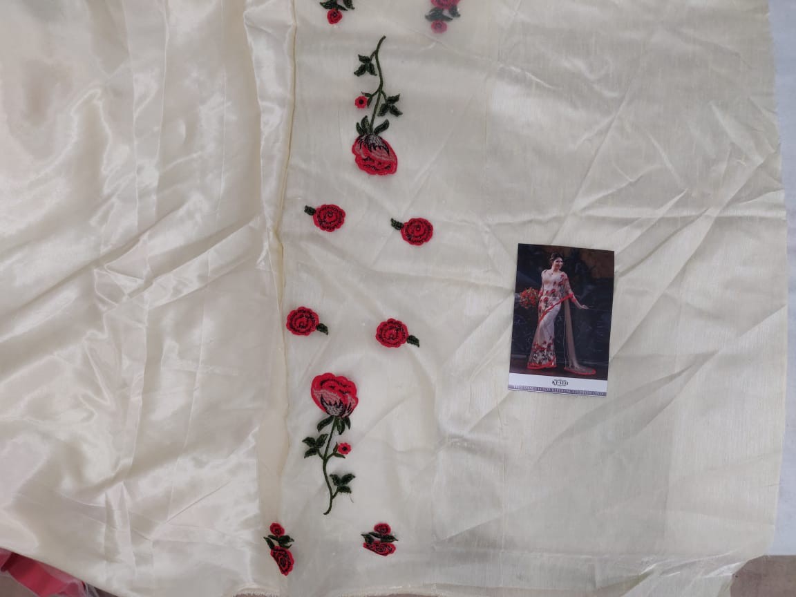 Cream net rose threadwork designer partywear saree