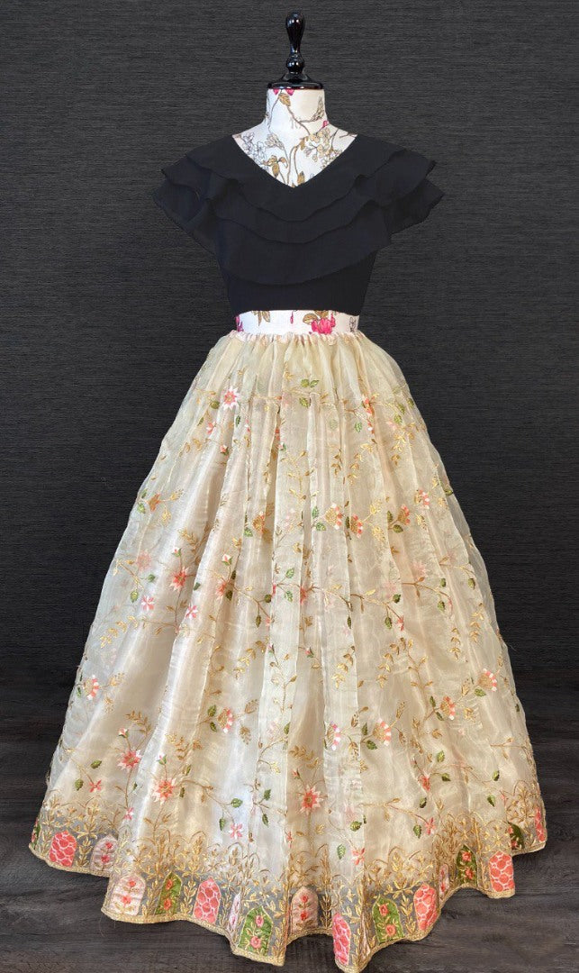 Cream organza heavy embroidered crop top lehenga