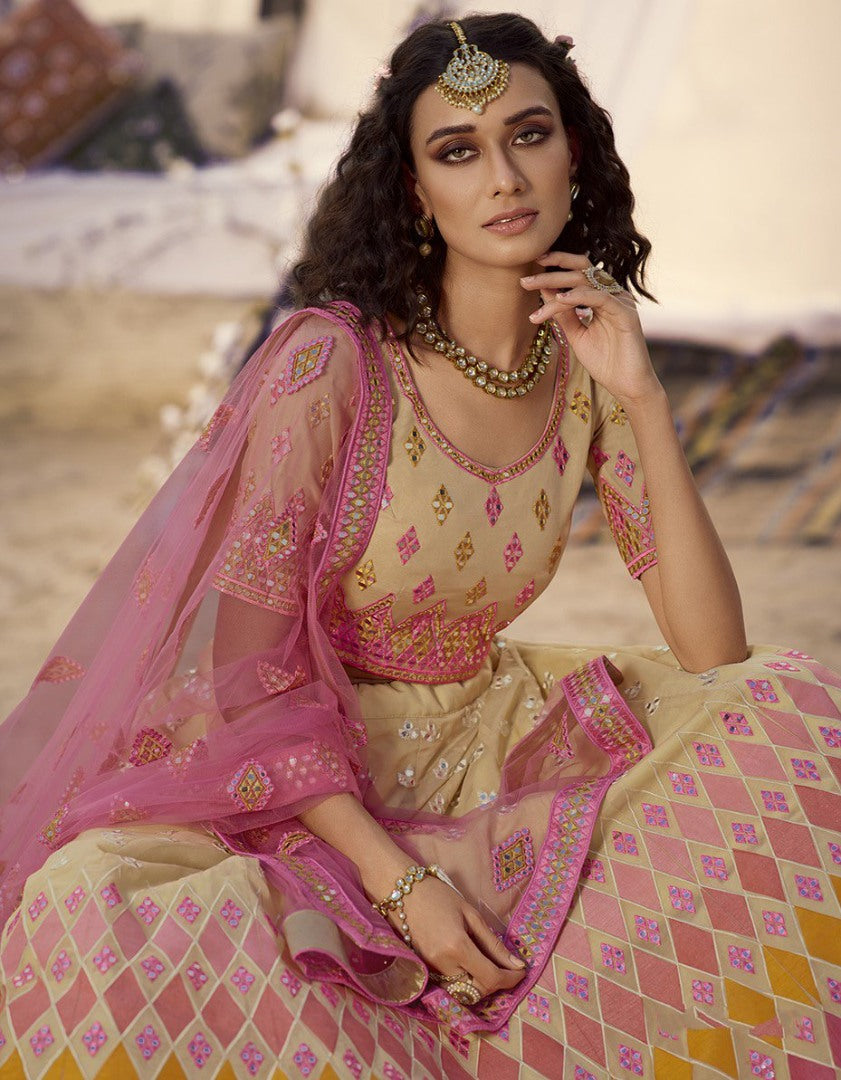 Cream organza thread, foil & mirror work bridal lehenga choli