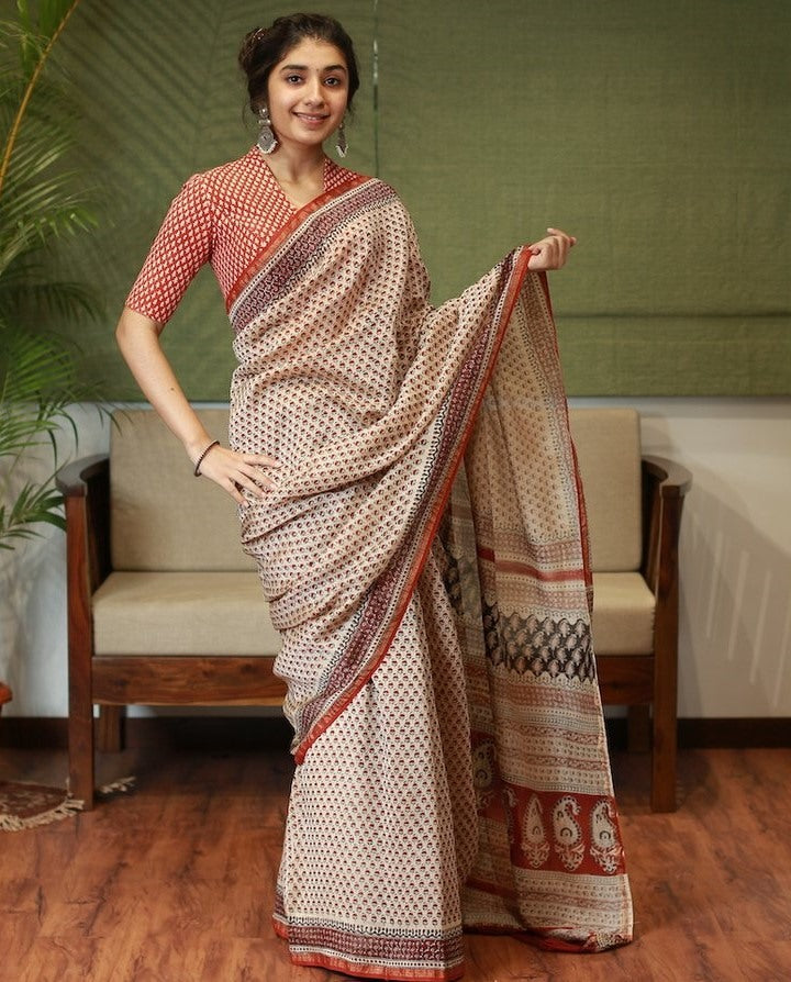 Cream premium linen ajrakh digital printed work saree