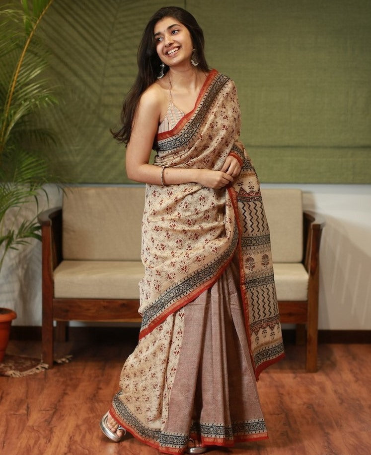 Cream premium linen ajrakh digital printed work saree
