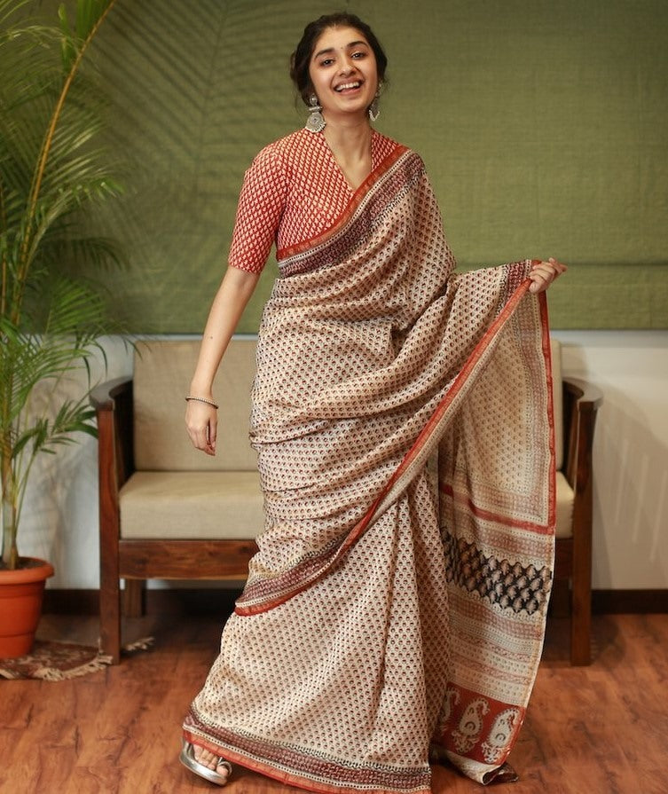 Cream premium linen ajrakh digital printed work saree