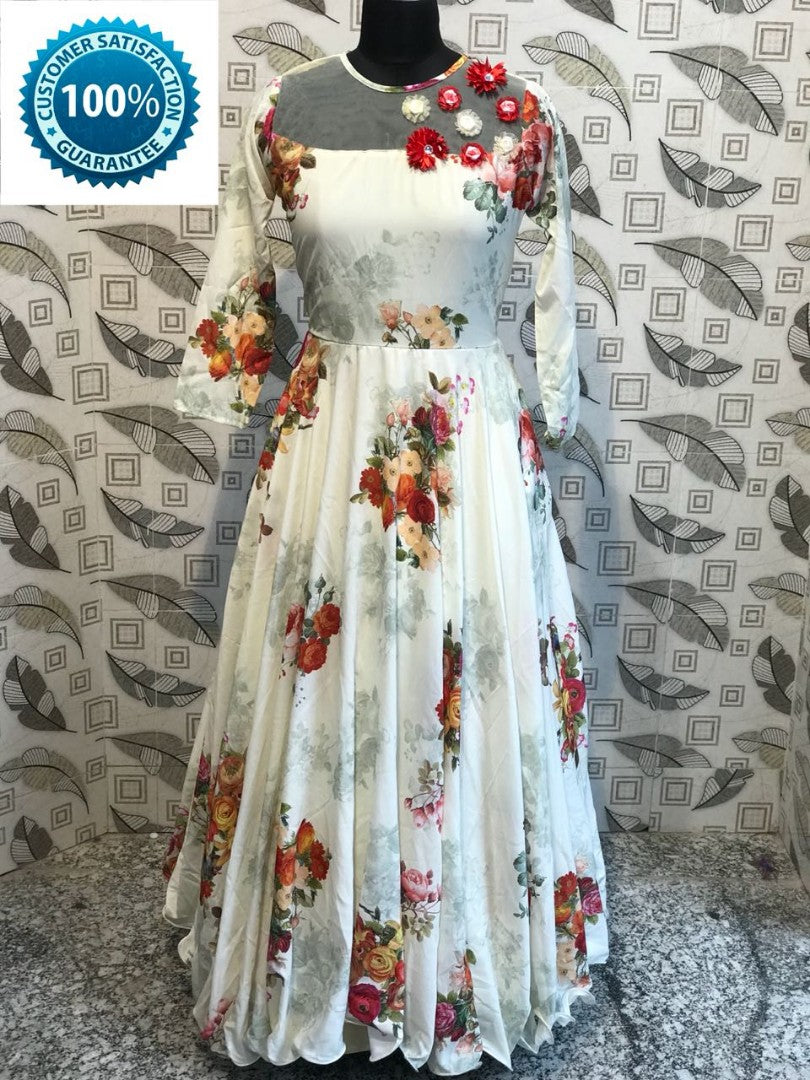 cream printed maslin cotton long gown