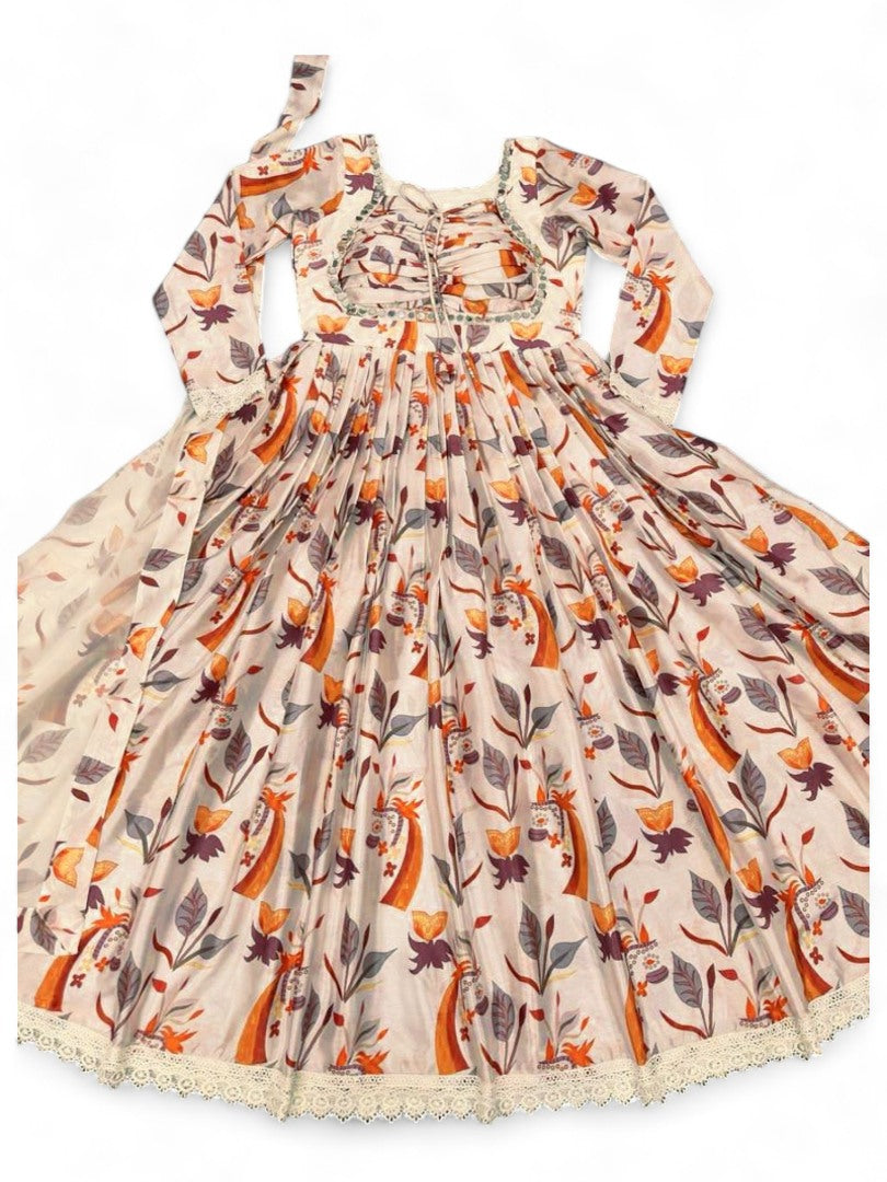 Cream printed naira cut stylish anarkali suit