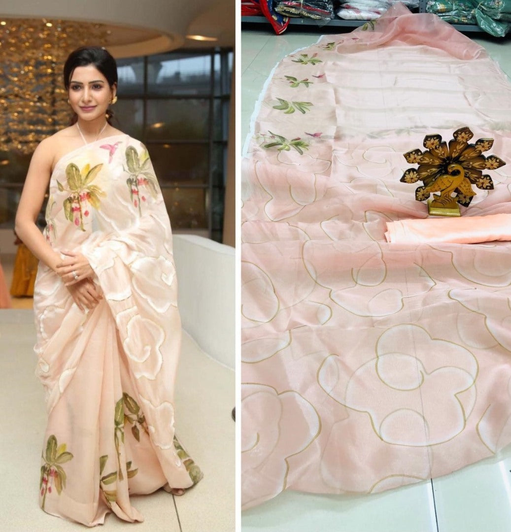 Cream printed organza saree