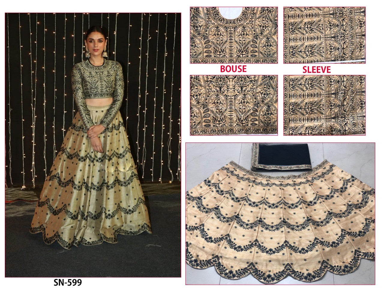 cream printed silk partywear croptop lehenga
