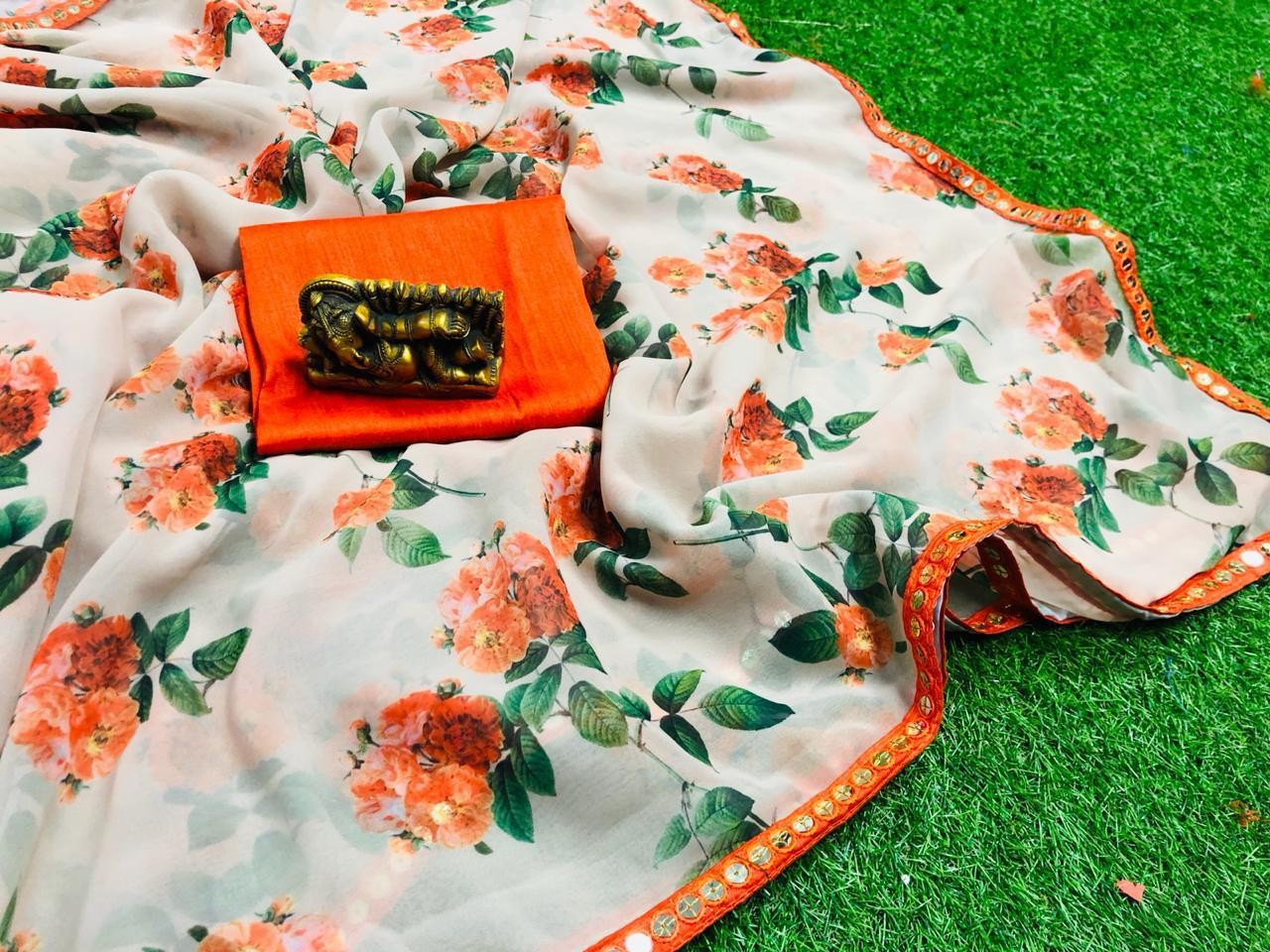 cream pure georgette digital floral printed regular wear saree