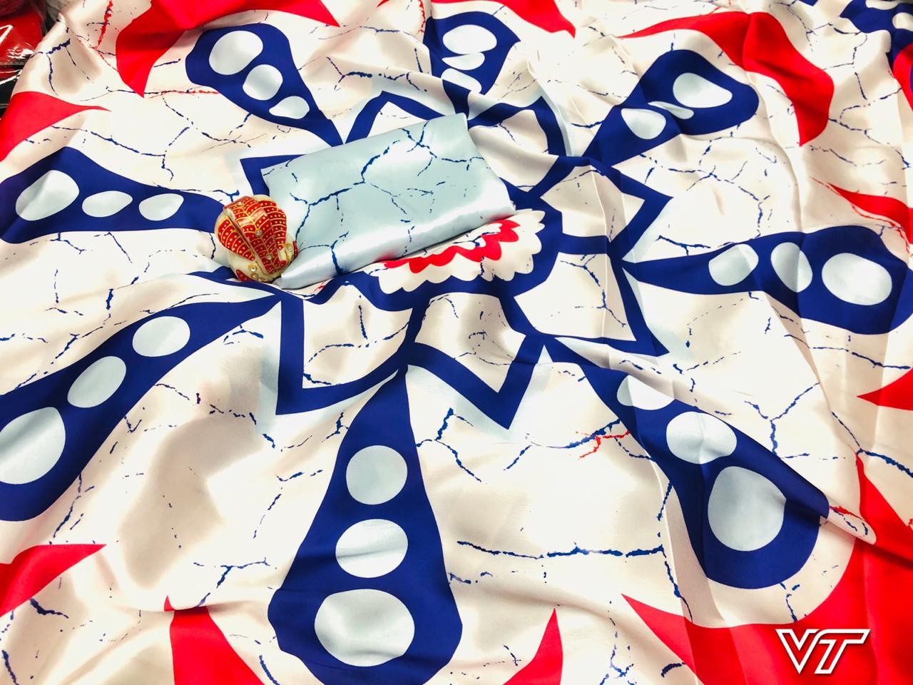 Cream pure satin digital printed partywear saree