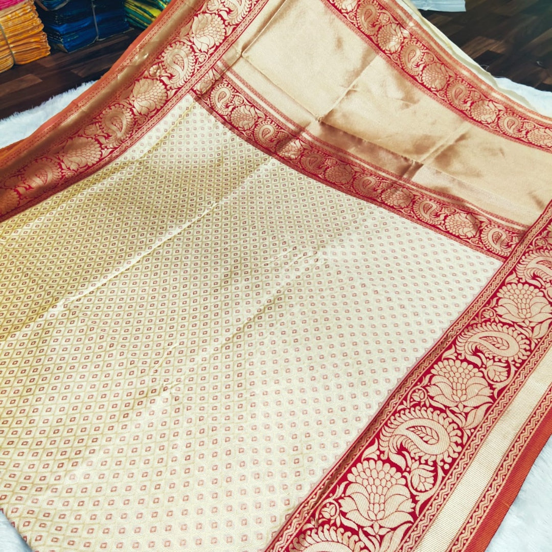 Cream soft lichi silk jacquard weaving work wedding saree