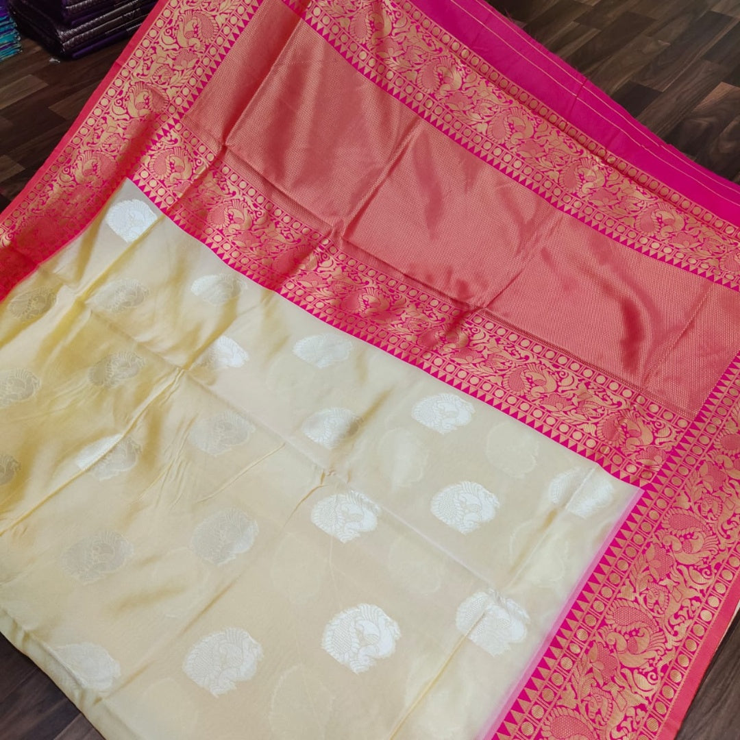 Cream soft lichi silk jacquard weaving work wedding saree